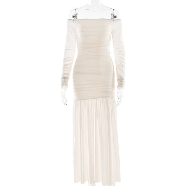 One Shoulder Tube Top Long Dress Sexy Backless Pleated High Waist Summer Dress For Women - Apricot, Blue