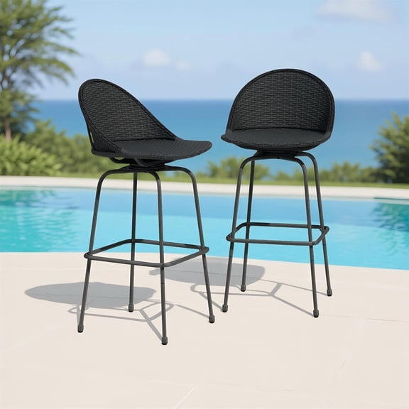 Topcobe Set of 2 Rattan Swivel Barstools with Curved Back, Modern Patio Furniture for Outdoor, Backyard, Garden, Deck-Black