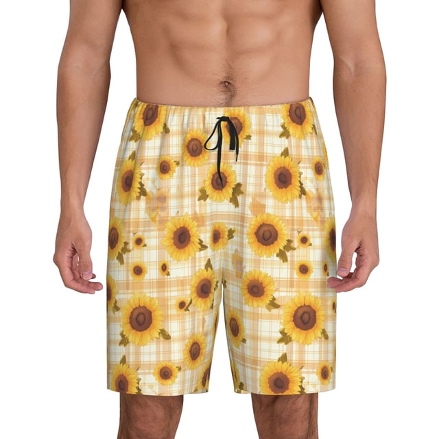 Vsdgher Short de Pyjama à Carreaux Tournesol pour Hommes Bas de Pyjama Léger avec Poches-3TG