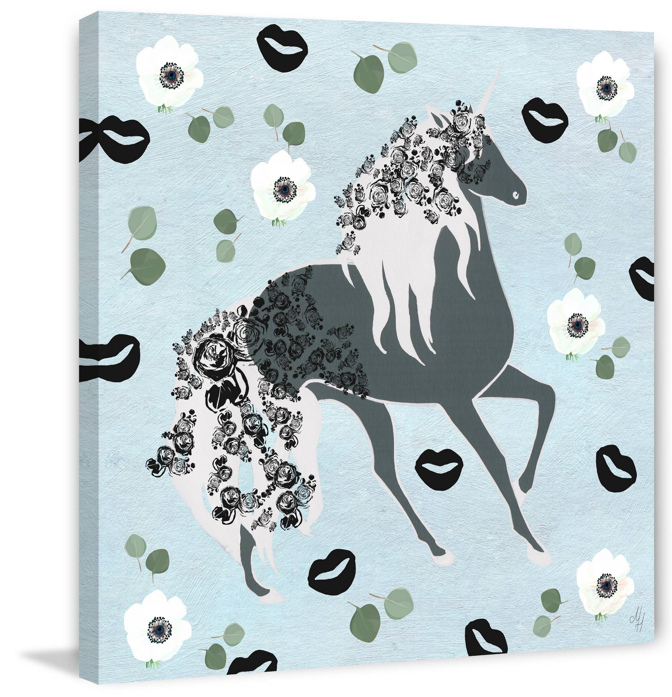 Marmont Hill Black Floral Unicorn Canvas Wall Art