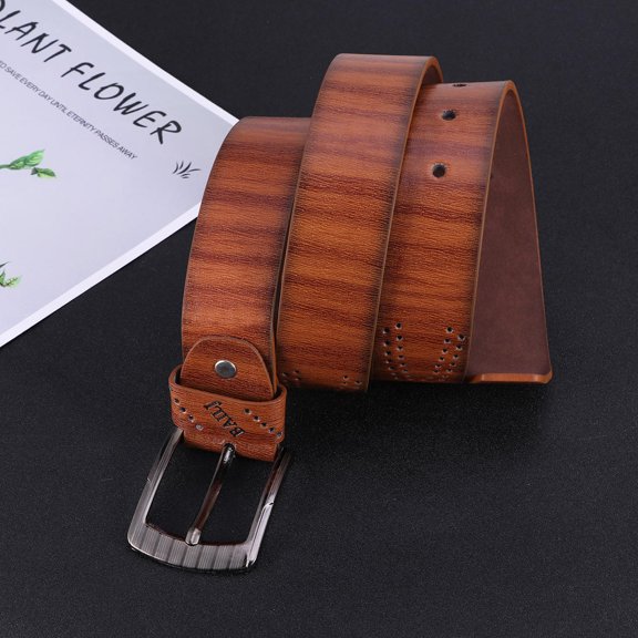 HINTRMENT 1Set Brown Leather Belt With Hollow Out Adjustable Buckle For Men Casual Wear Jeans
