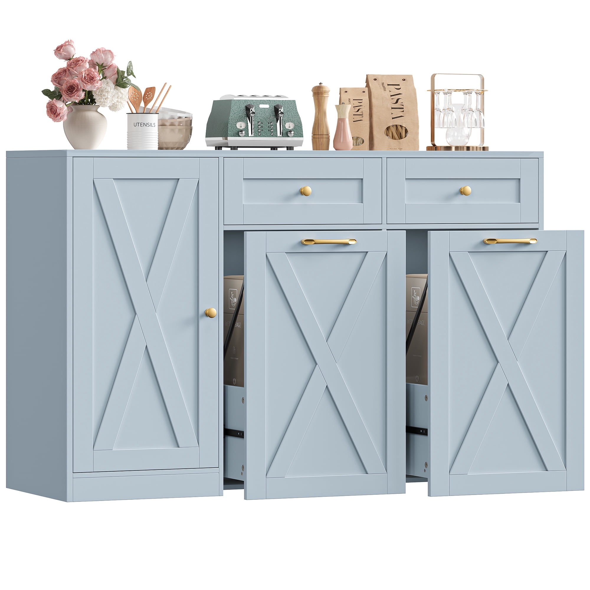 Homfa 47.2"W Kitchen Sideboard Credenza, Trash Can Cabinets Fits 12.5 Gallon Can, 2 Drawer Wood Buffet Storage Cabinet with Adjustable Shelf, Blue