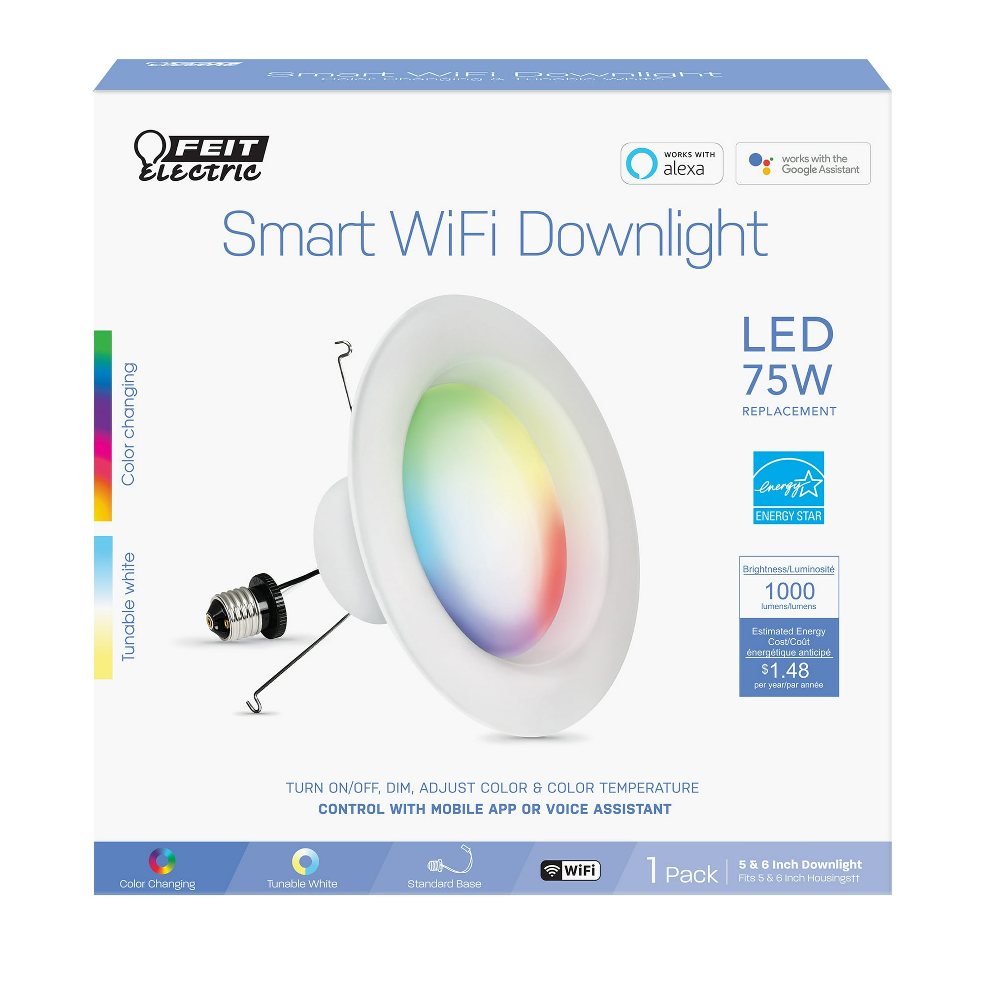 Feit Electric Smart LED 11.1W (75W Equivalent) RGBW/Tunable White Recessed Light, 6", E26, Dimmable