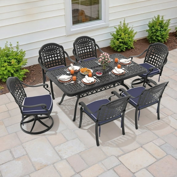 Hzzkey 6-Person Rectangular Cast Aluminum Patio Set with 2 Swivel Chairs,Cushions & Umbrella Hole