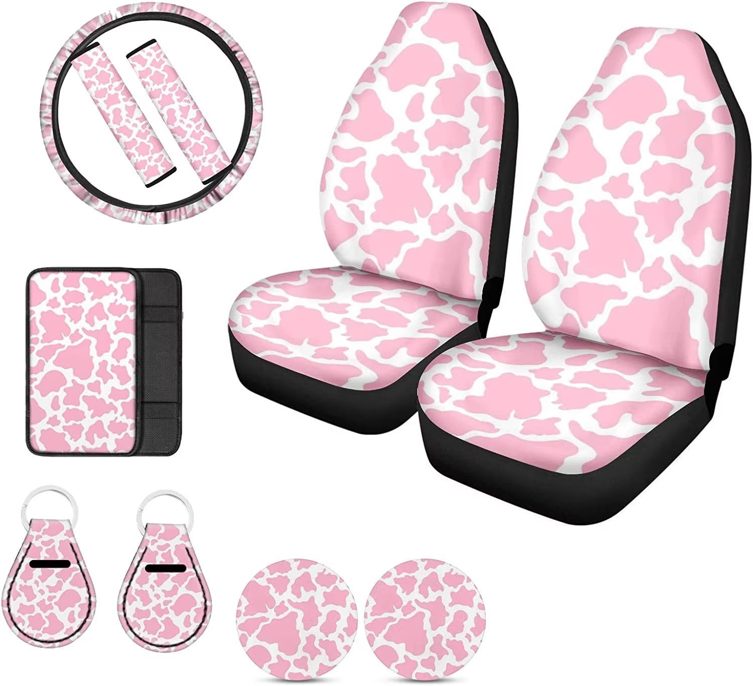 Pzuqiu Cow Print Girly Cute Car Accessories Car Cover Seat with Steering  Wheel Cover+ Car Coasters+ Auto Keychains+ Seat Belt Pad Cover+ Center  Console Pad Pink Camo Full Set for Women Decor