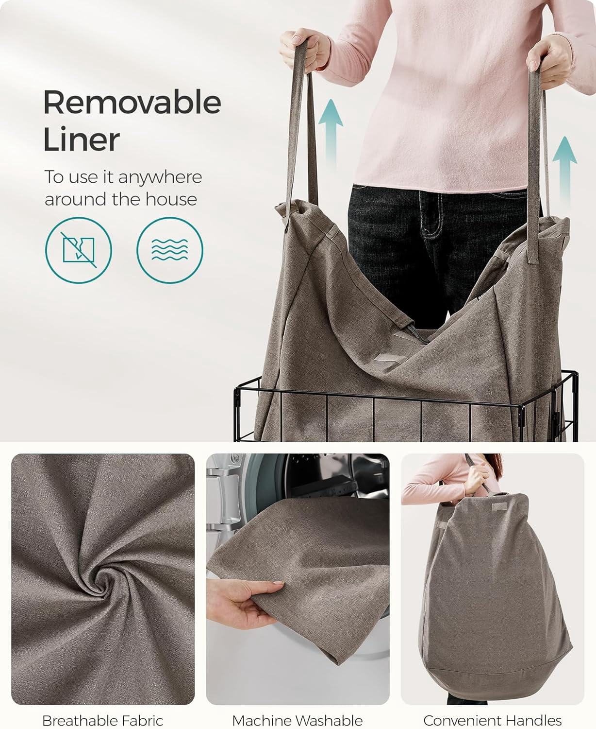 Laundry Hamper, 23.8 Gal. Laundry Basket, Collapsible Clothes Hamper, Removable and Washable Liner for Bedroom Bathroom, Black and Camel Brown