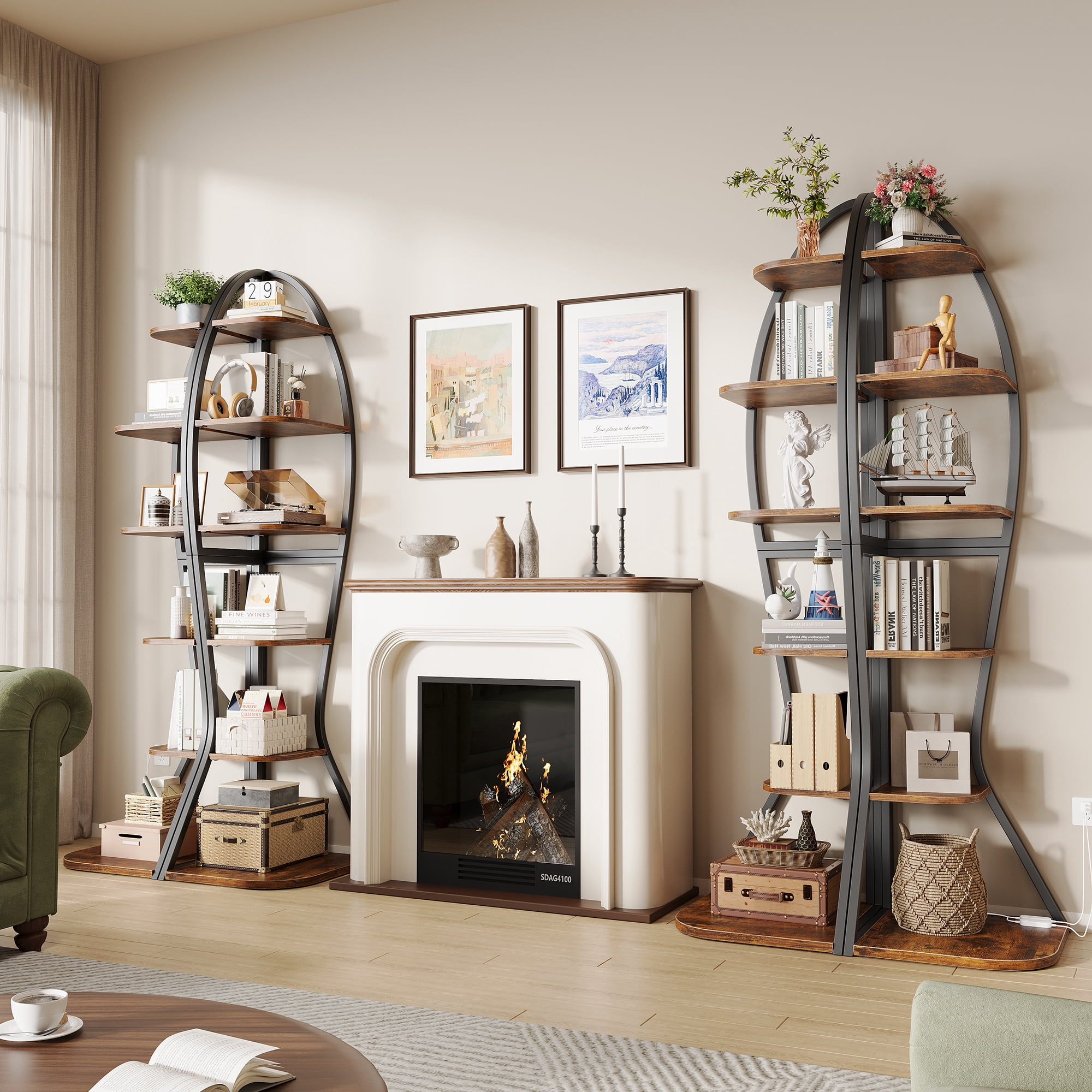 Vividwood Artistic Fish-Inspired Corner Shelf with LED Lights, 6-Tier Tall Corner Bookshelf with Multi-Depth Display, Space-Saving Storage Unit with Remote Control for Bedroom & Living Room