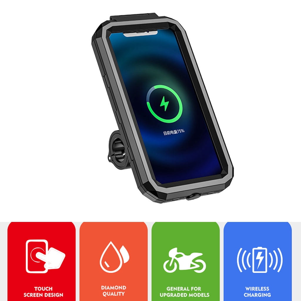 GENEMA Waterproof Case 12V Motorcycle Handlebar or Rear-View Mirror Wireless Charger 15W Qi/ Type C PD Fast Charging Phone Mount Holder Box for 3 to 6.8 inch Cellphones