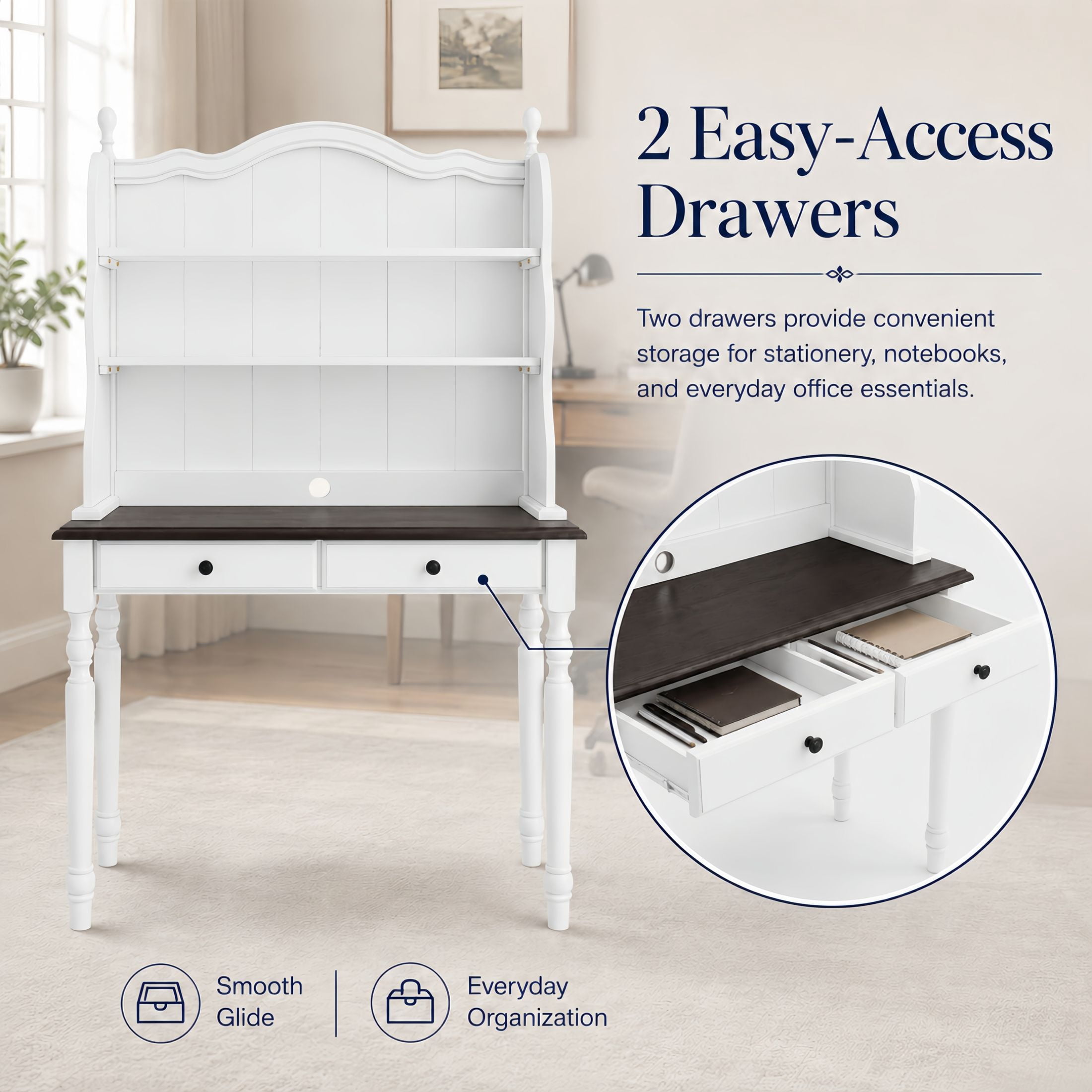 GDF Studio Harper Mid-Century Computer Desk with Storage Hutch & Drawers, Vintage Vanity Desk for Home Office, White