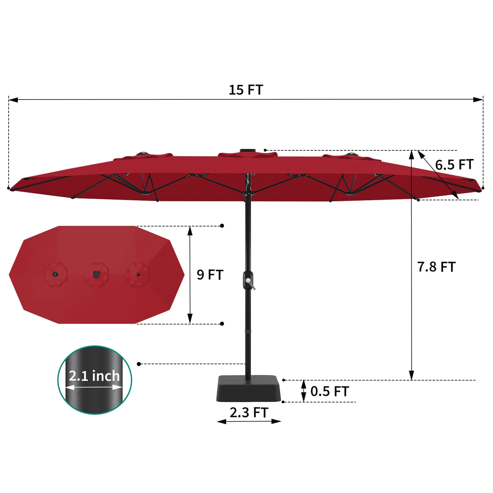 15ft Patio Umbrella with Base,Large Outdoor Double-Sided Rectangle Umbrella with Crank Handle, Market Umbrella for Poolside Garden Deck Backyard Beach Pools