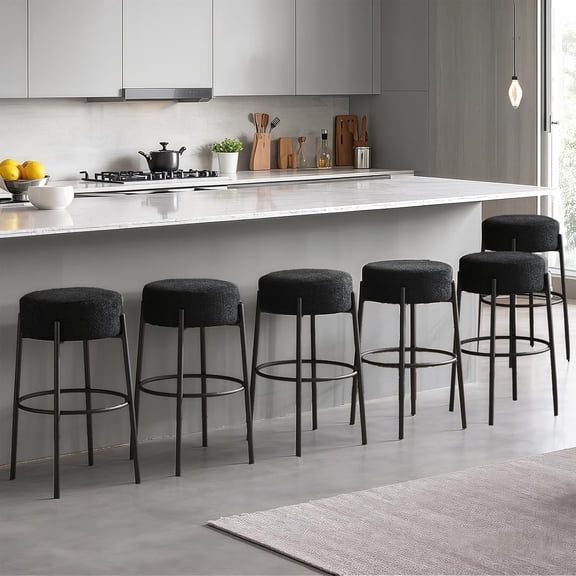 30 inch Swivel Round Bar Stools Set of 6, Upholstered Counter Height, Backless Kitchen Island Seating, Boucle Fabric,Black