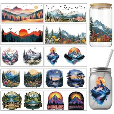10 Sheets UV DTF Cup Wraps for 16 OZ Glass Cups 10 Styles Mountains Trees River Flying Birds Rub on Transfers PVC Transfer Stickers Waterproof Rub Decals for DIY Your Holiday Presents