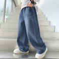 thumbnail image 2 of Boy's Kids Baggy Jeans Elastic Waist Pull on Denim Pants Summer Casual Fashion Straight Wide Leg Jeans Oversized Boyfriend, 2 of 6