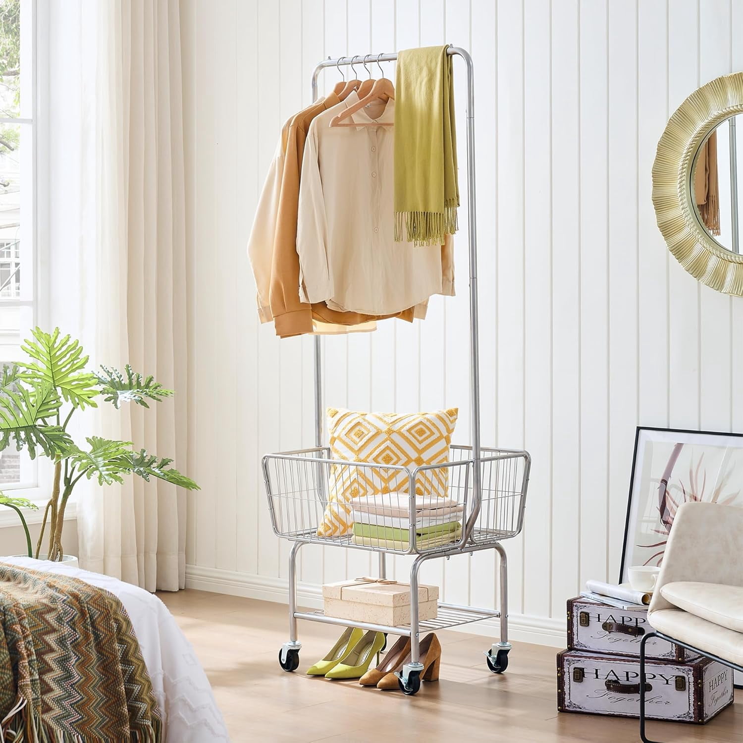Laundry Cart with Hanging Rack, Metal Rolling Laundry Cart with Wheels and Storage Basket, Silver