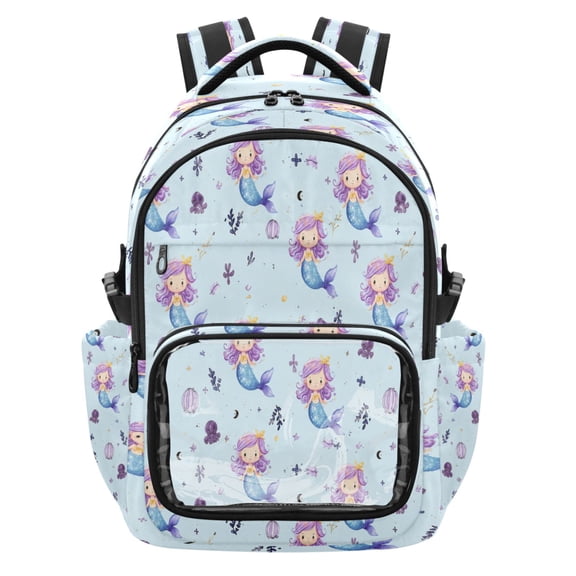 Qxltty Sweet Mermaid Backpack School Bookbag with Clear PVC Front Pocket, Laptop Compartment, Water Resistant Travel Daypack for Students