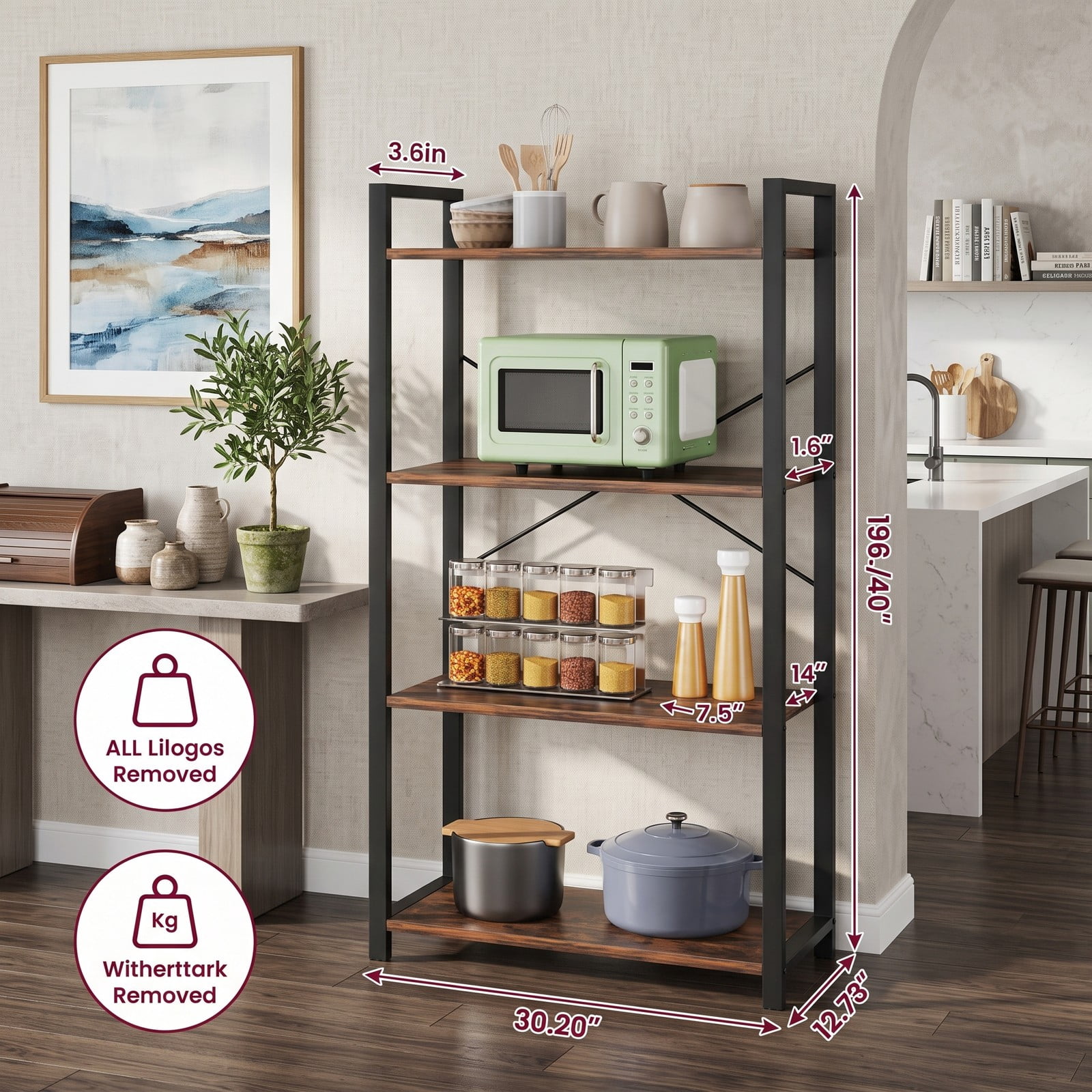 Furnibear 4-Tier Bookshelf with Heavy Duty Metal Frame, Industrial Freestanding Display Storage Shelf with X-Shaped Bracket and Anti-Tip Kits for Living, Rustic Brown