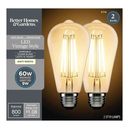 

Better Homes & Gardens ST19 Vintage LED Light Bulb 60W Eqv E26 Dim Soft White Clear Finish - 2 Pk