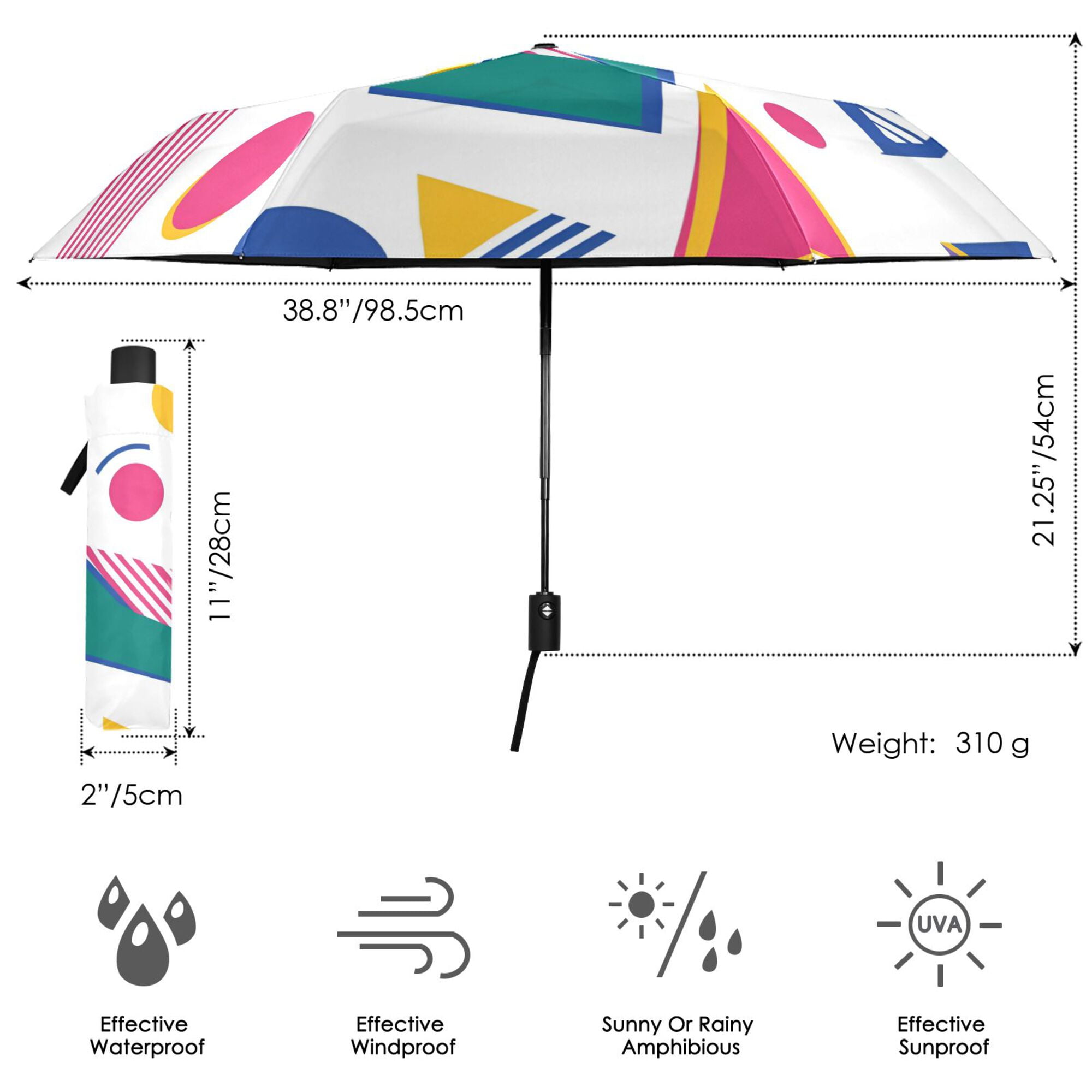FORMRS Travel Umbrella Folding Auto Open Close Windproof Rain UV Protection, Green Retro Shapes