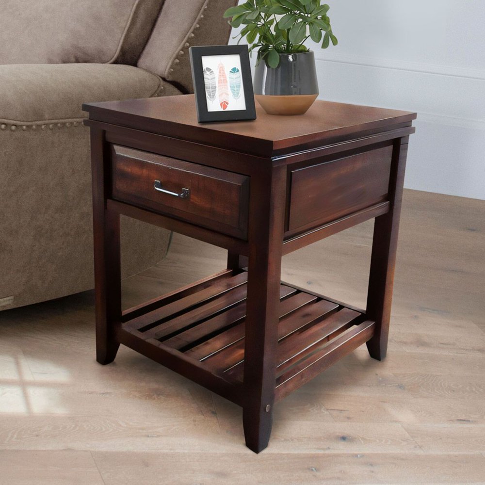 Abbyson Lyndon Wood End Table with 1 Drawer, Distressed Brown