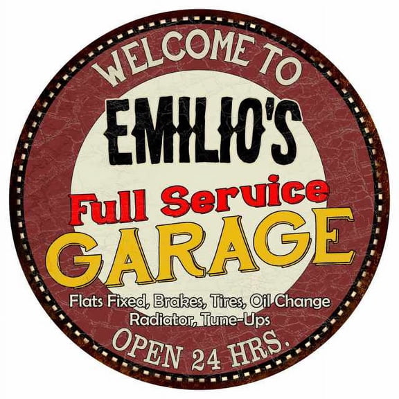 Emilio's Full Service Garage 14" Round Metal Sign Man Cave Decor 100140037279