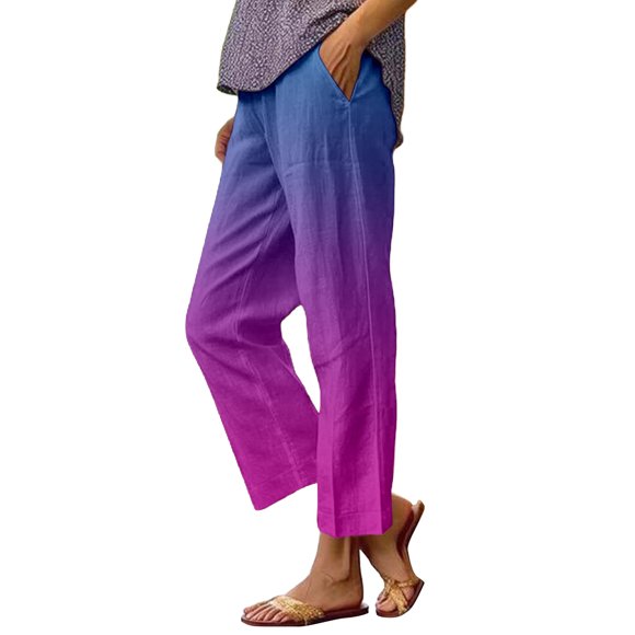 Women's Casual Boho Floral Print Stripe Linen Pants Elastic Waisted Drawstring Summer Spring Beach Baggy Capri Casual Loose Pants for Women Fancy Clothes for Teens Womens Hiking Pants Stretchy Pants
