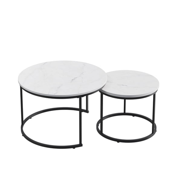 Nesting Coffee Table Set of 2, Round Coffee Table Wood Marble Pattern Top with Sturdy Metal Frame, 20x28 inch End Table Side Tables for Living Room Bedroom Balcony Yard (White)
