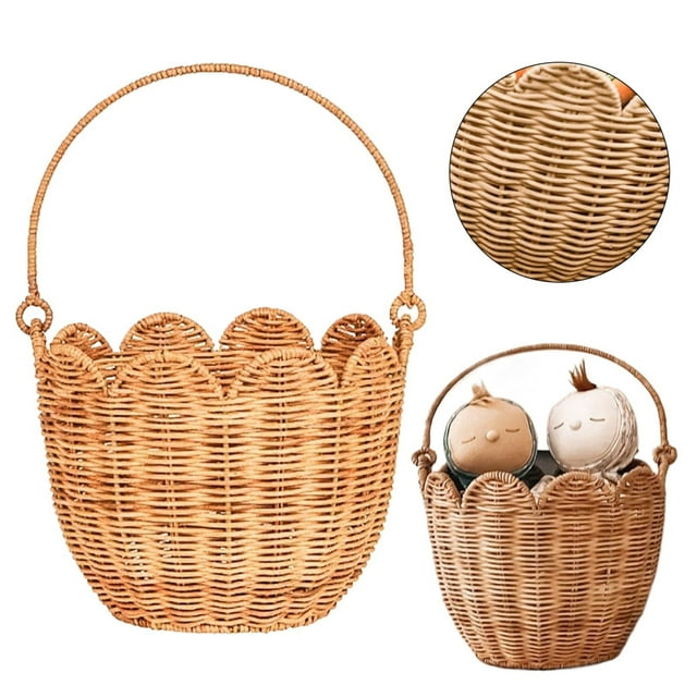 HUASHENG Scalloped Edge Round Basket With Handle Sturdy Wicker Storage Baskets Hand Woven Basket For Shelves Natural Baskets For Organizing