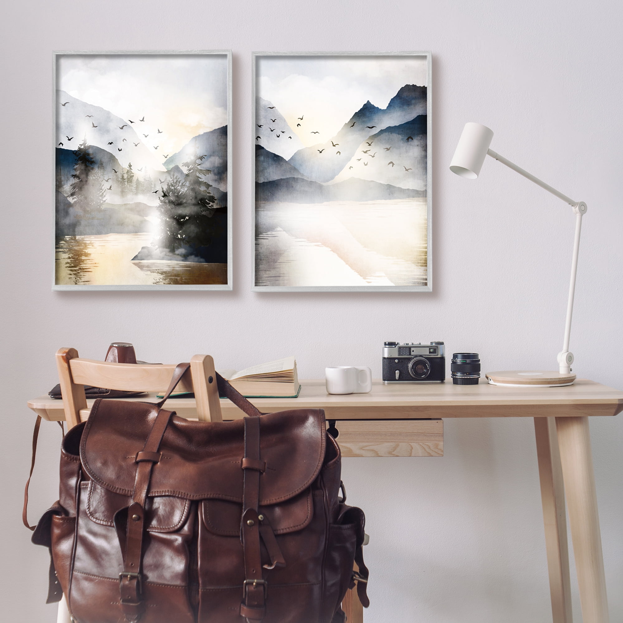 Stupell Sunlit Birds Over Lake Landscape Landscape Painting Gray Framed Art Print Wall Art, Set of 2