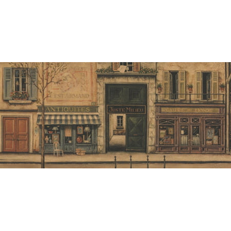 Retro French City Street Shops Vintage Wallpaper Border for Bathroom Living Room, Roll 15' x