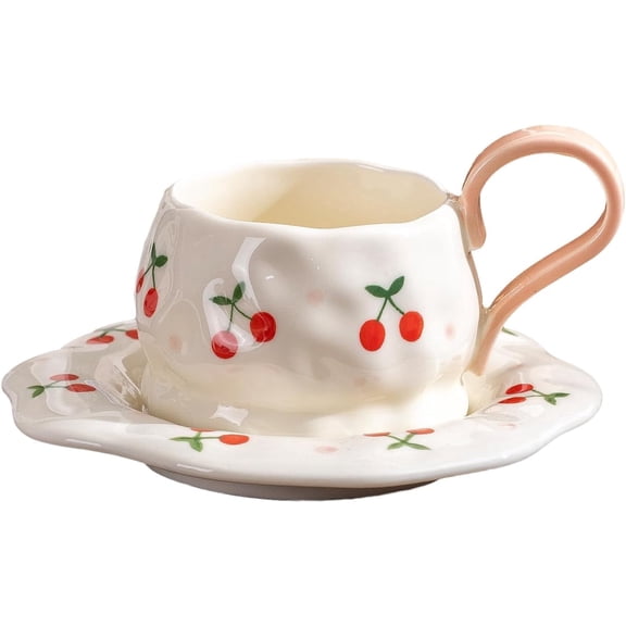 Lychee Pattern Ceramic Mug and Saucer Set - 260ml Porcelain Coffee Cup with Floral Saucer, Floral Design Tea Mug for Women, Home, Office, Gift (Pink)