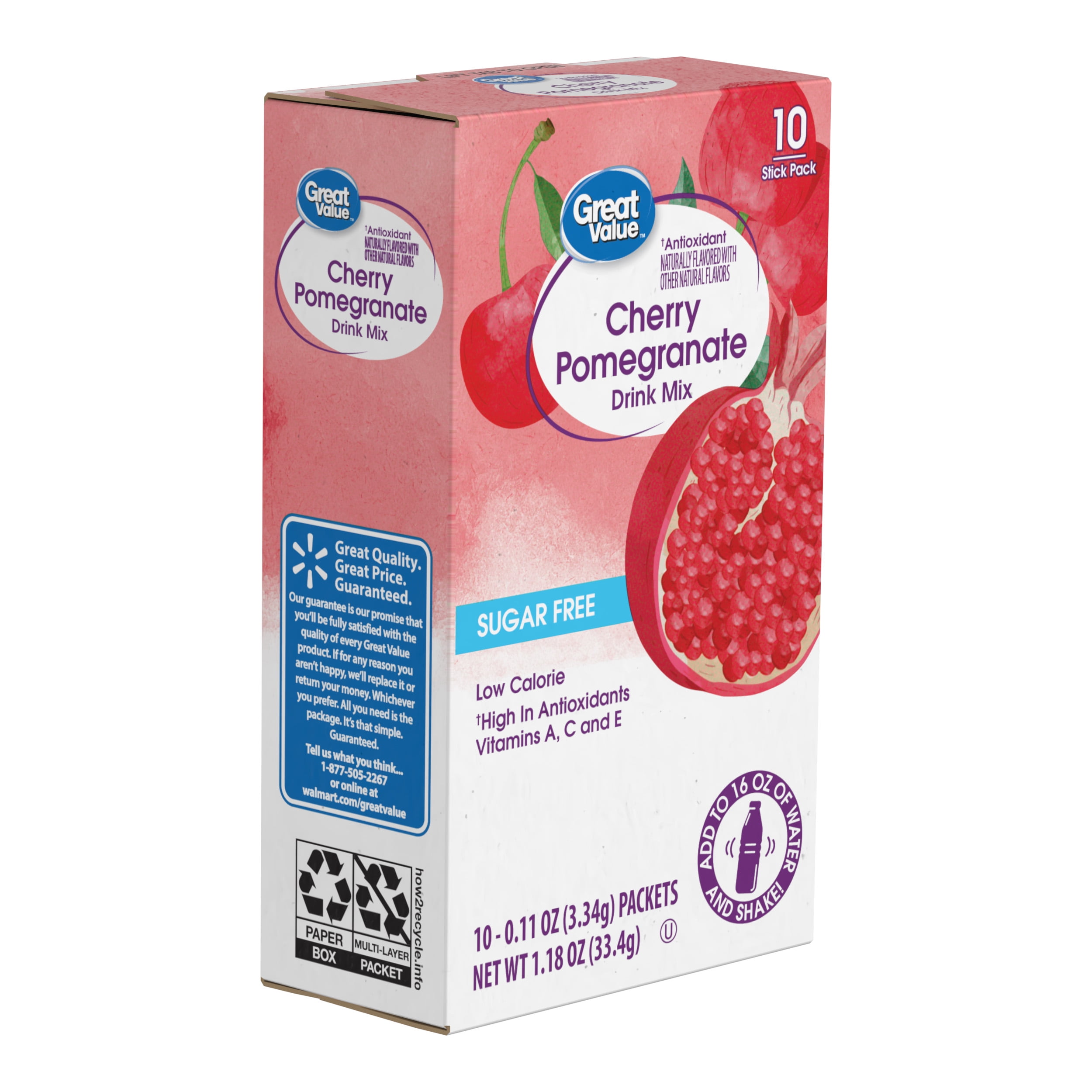 (12 pack) Great Value Sugar-Free Cherry Pomegranate Antioxidant Powdered Drink Mix, 0.11 oz, 10 Count