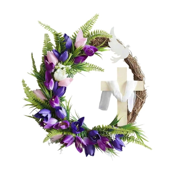 XQWJWLA Easter Wreath with Cross, Dove and Flower, 16" Irises & Tulips Spring Easter Wreaths for Front Door, Easter Garland Farmhouse Indoor Outdoor Wall Window Hanging Decorations