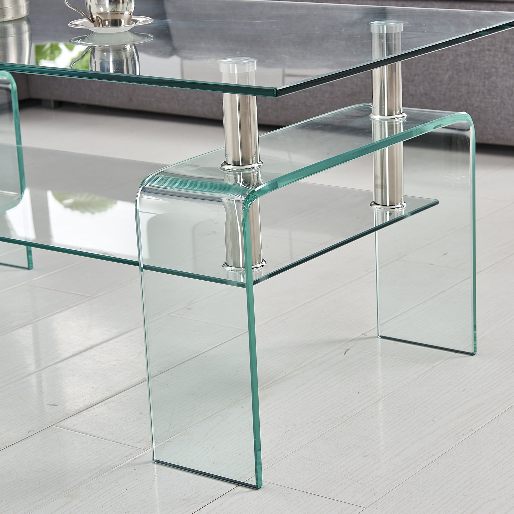 MAYEERTY Rectangle Clear Glass Coffee Table, Modern Glass Coffee Table for Living Room, 2-Tier Storage Center Coffee Table,Tempered Glass Tea Table
