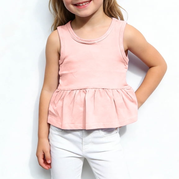 Sleeveless Tank Top for Girls Cute Ruffle Peplum Hem Solid Color Blouse Active Play Relaxed Summer Holiday Outfits
