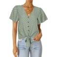 thumbnail image 1 of Women Buttons Down V Neck Short Sleeve Knotted Solid Color Shirt, 1 of 4