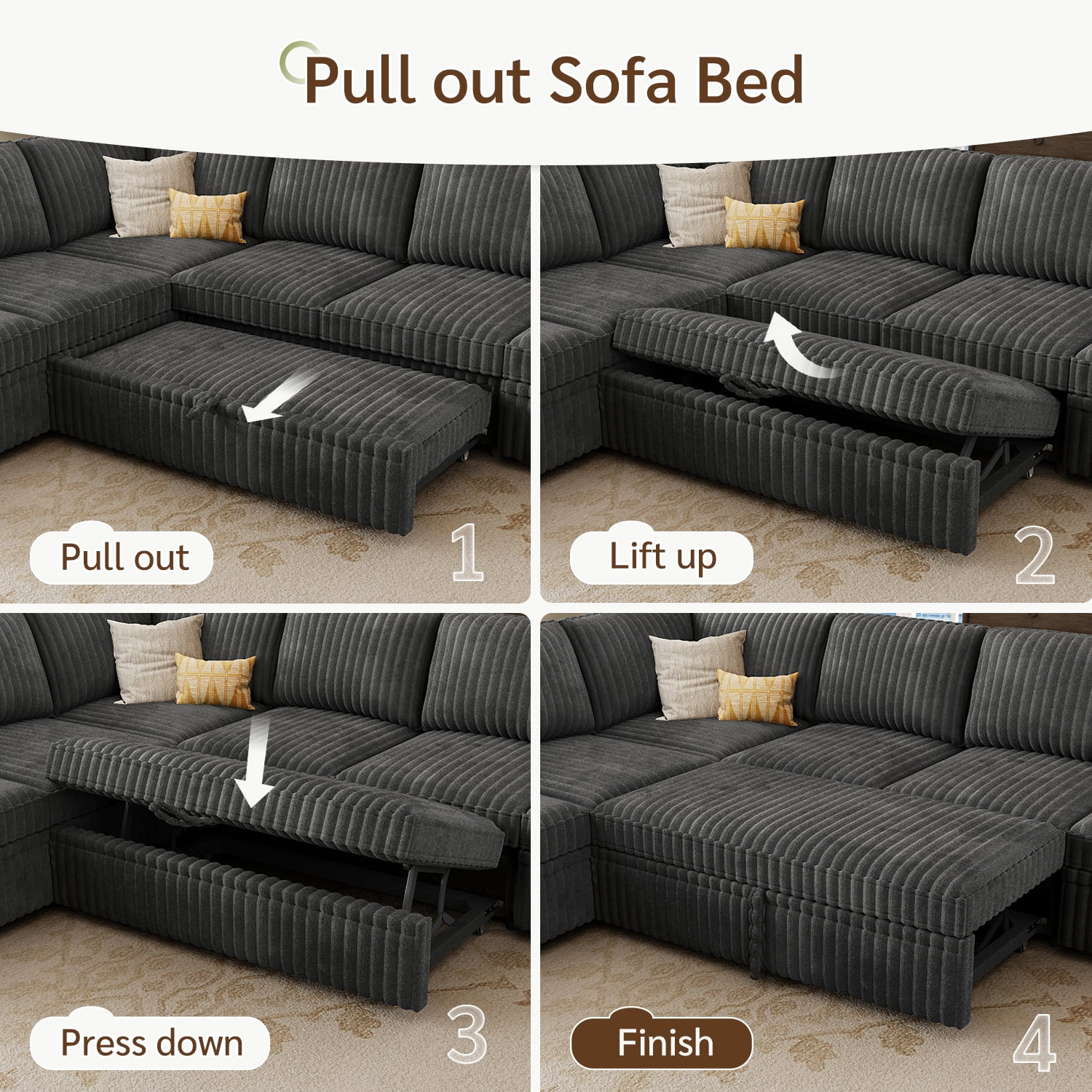 Marrber 84" Large Sectional Sofa with Pull-Out Sleeper Bed, Reversible Chaise & Hidden Storage, Pet-friendly Corduroy for Living Room, Gray