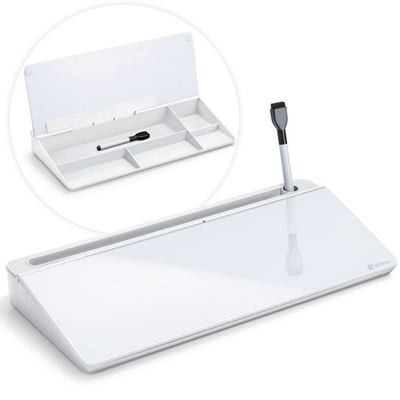 Varhomax Glass Desk Whiteboard with Storage, Desk Buddy to-do List Memo Desktop Dry Erase White Board Keyboard Stand for Home Office and School Supplies (White)