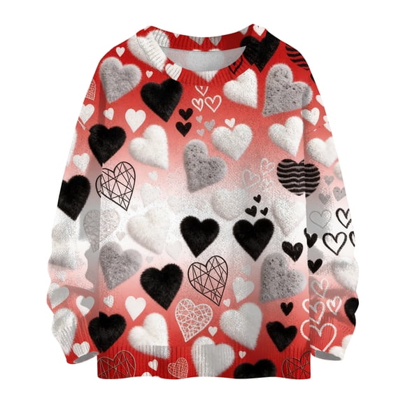 Nokdvo Sweatshirts for Women Fashion Valentine Love Heart Print Crew Nneck Shirt Fall Winter Casual Knit Loose Pullover Sweatshirts,Red S