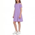 thumbnail image 4 of MKOSPLRT Girls Summer Dress Short Sleeve Cold Shoulder Solid Color Swing Casual Dresses Crewneck Knee Length Tshirt Dress with Pockets Purple 9-10 Years, 4 of 7