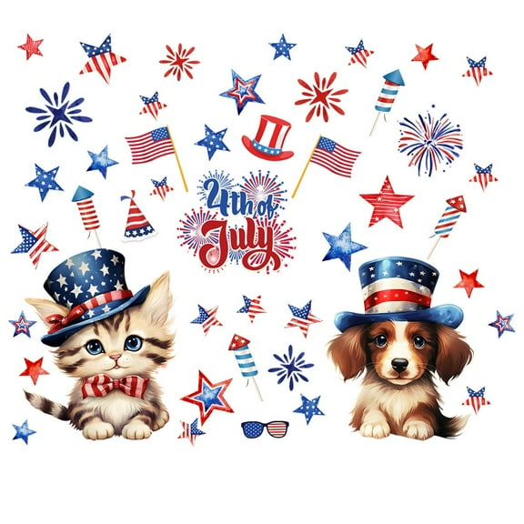 Patriotic Window Clings Independence Day Window Stickers,6 Sheets 4th of July Blue Red White Double-Sided Window Clings,Truck Fireworks Star Cat Dog American Flag Stickers Memorial Day Decor