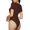 thumbnail image 3 of Fotbe Women Short Sleeve Bodysuit Round Neck Brown Bodysuit For Women Round Neck Scoop Neck Long Sleeve Stretch Tops Jumpsuit-X-Large, 3 of 9