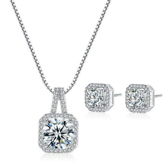 Square Zircon Stud Earrings and Pendant Necklace Set: Sparkling 1 necklace, 1 pair of earrings