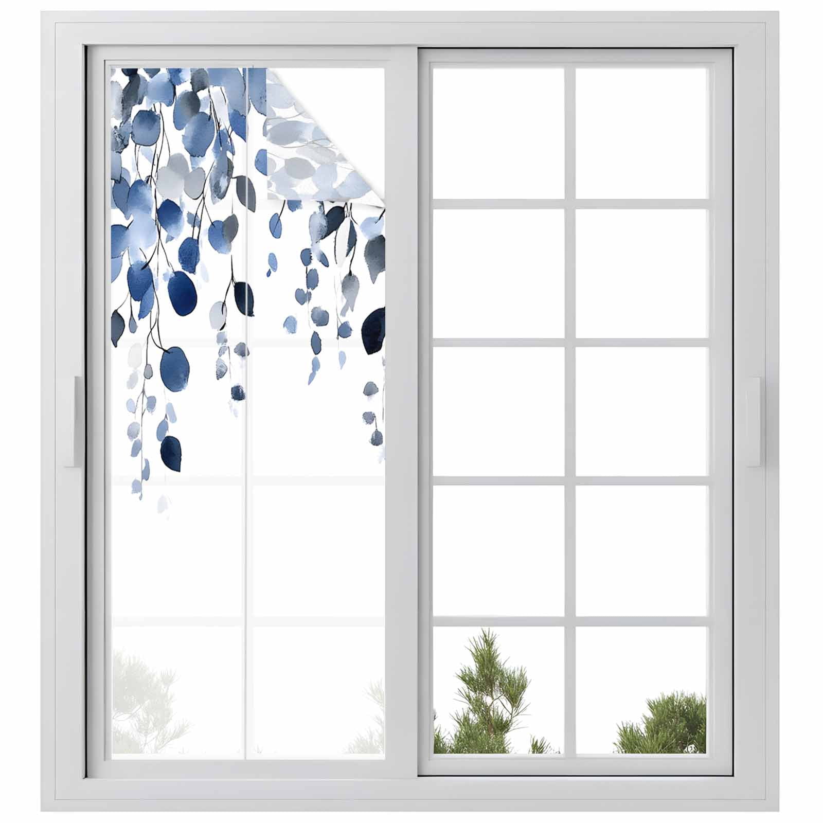 Blue Eucalyptus Leaves Window Privacy Film, Summer Botanical Watercolor Static Cling UV Sun Blocking Tint Film Heat Control Windows Films for Bedroom Bathroom, Window Stickers 29.5"x78.7"