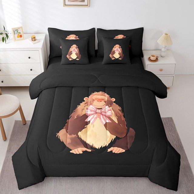 Erosebridal Literie Singe Dessin Animé Taille Simple, Ensembles de Literie Nœud Rose Taille Simple, Décoration de Chambre Animal, Réversible 7 Pcs