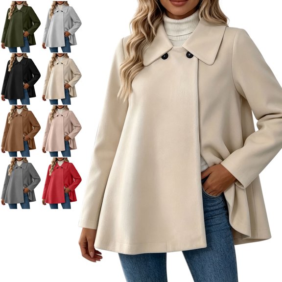TGSLY Women's Wool Blend Swing Coat Soft Casual Collared Long Sleeve Jacket Loose Casual Solid Color Fall Winter Outerwear L