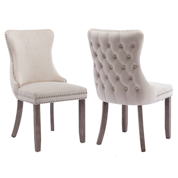MIKIBAMA Set of 2 Beige Tufted Velvet Dining Chairs Solid Wood Frame for Dining Room