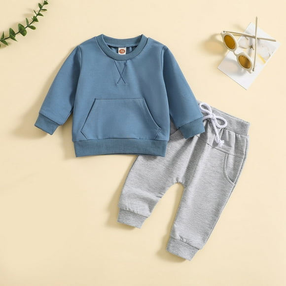LSLJS Toddler Baby Boys Girls 2PCS Pullover & Jogger Set Solid Color Long Sleeve Top Trousers Suit Casual Sweatsuits Outfits, Baby Girls' Pant Sets on Clearance( Blue, 2-3 Years )