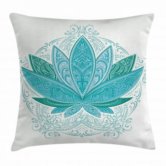 Lotus Throw Pillow Cushion Cover, Lotus Flower with Ornaments Ethnic Exotic Petals Mehndi Traditional Boho Design, Decorative Square Accent Pillow Case, 24 X 24 Inches, Teal Sky Blue, by Ambesonne