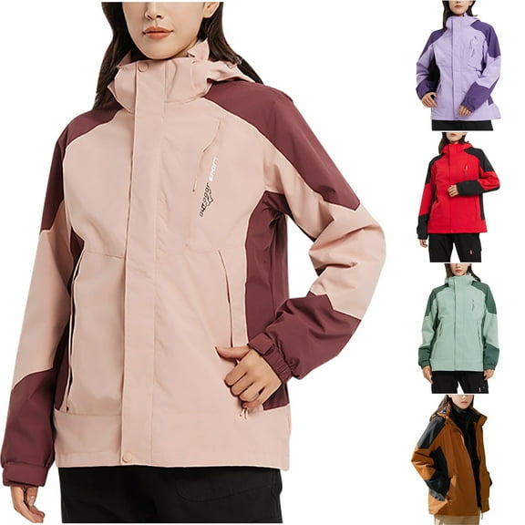 Lovskoo Women's Rain Jacket Hooded Active Winter Coat Casual Waterproof Windbreaker Detachable Cap and Thick Three-In-One Jacket Outdoor Sports Warm Jacket Purple