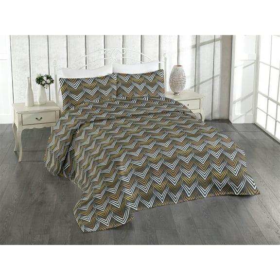 Ambesonne Geometric Quilted Bedspread Set 3 Pcs, Retro Motif of Lines Art, King, Dark Mustard Grey